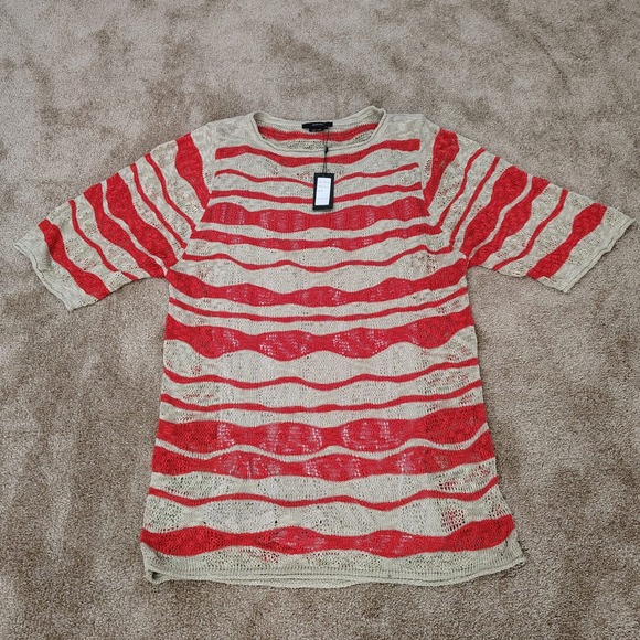 Vertigo Dresses & Skirts - VERTIGO Knit Mini Dress Women XL Striped Short Sleeve Sweater Open Knit Relaxed